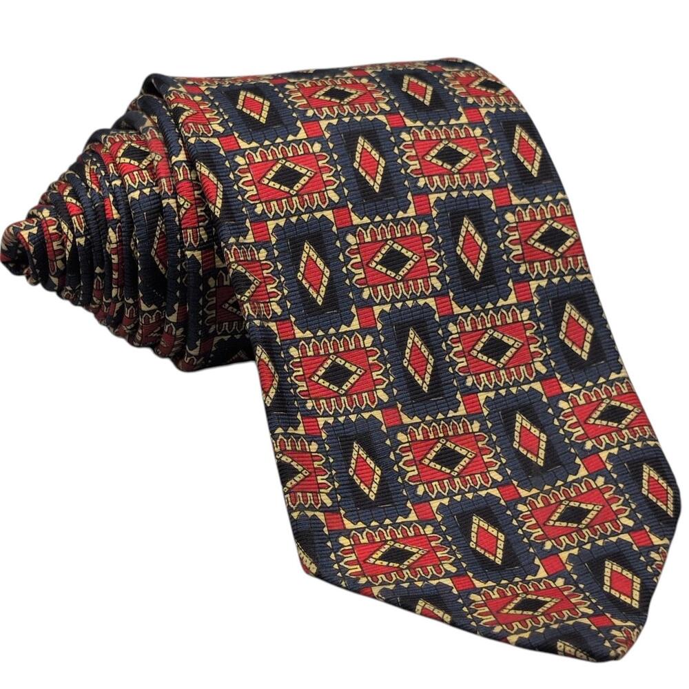 Polo Ralph Lauren Tie 100% Silk Red Blue Cream Rectangles Diamonds 90s 58.5" VTG